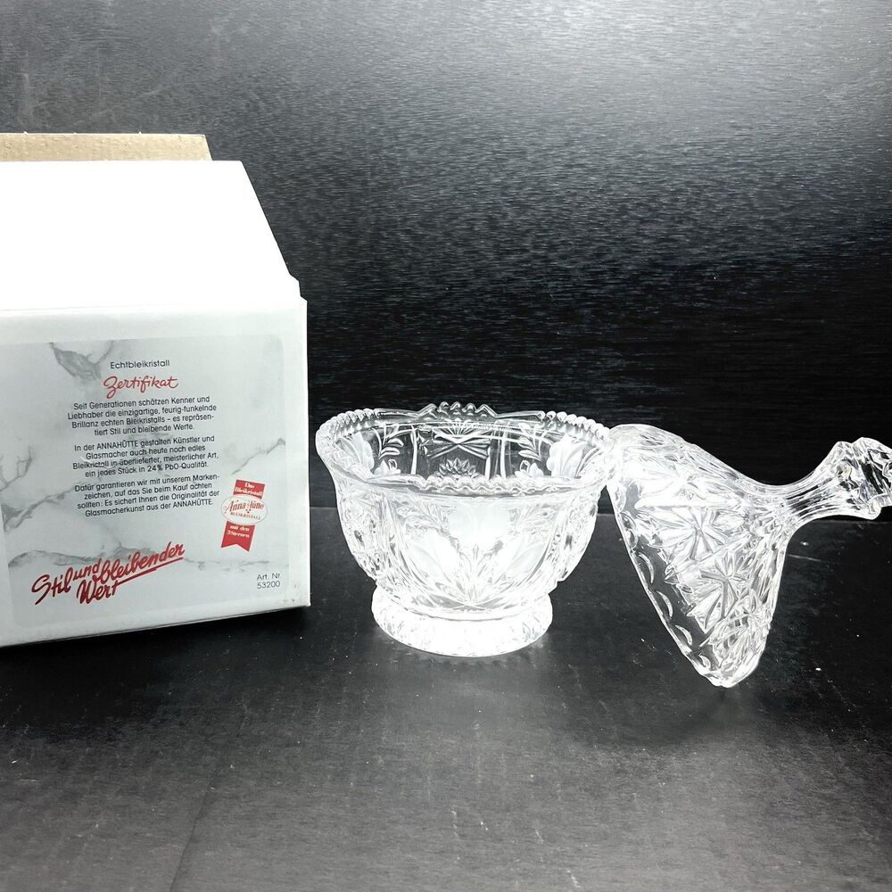 NIB Vintage AnnaHutte 24% Lead Crystal Bowl w/Lid COA Germany- 6.5”h